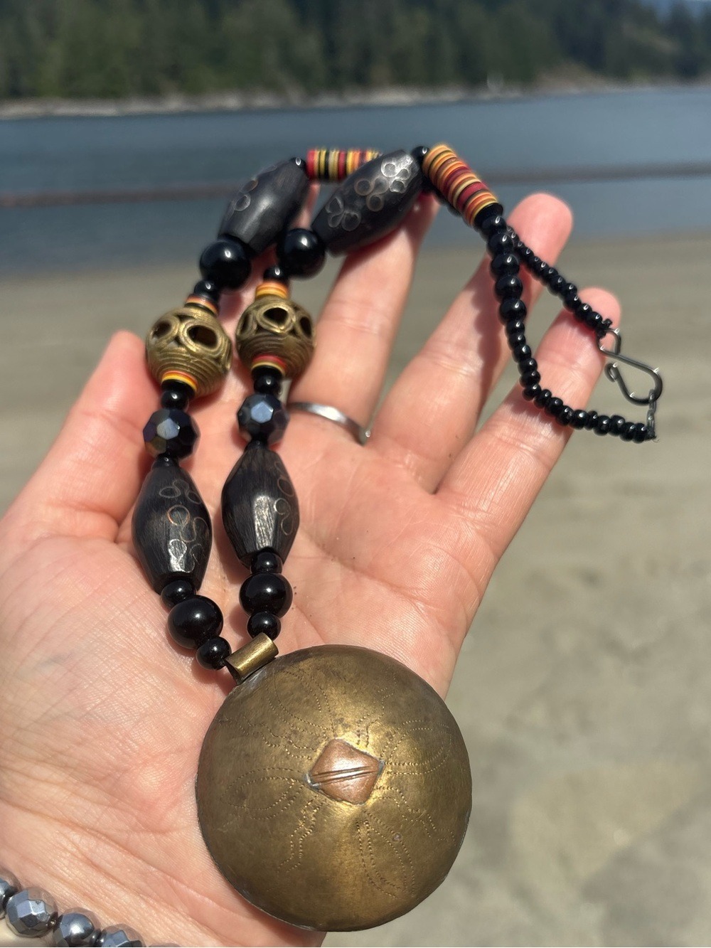Vintage OAK Tribal Statement Necklace • Brass Medallion Wood Beads Artisan Boho
